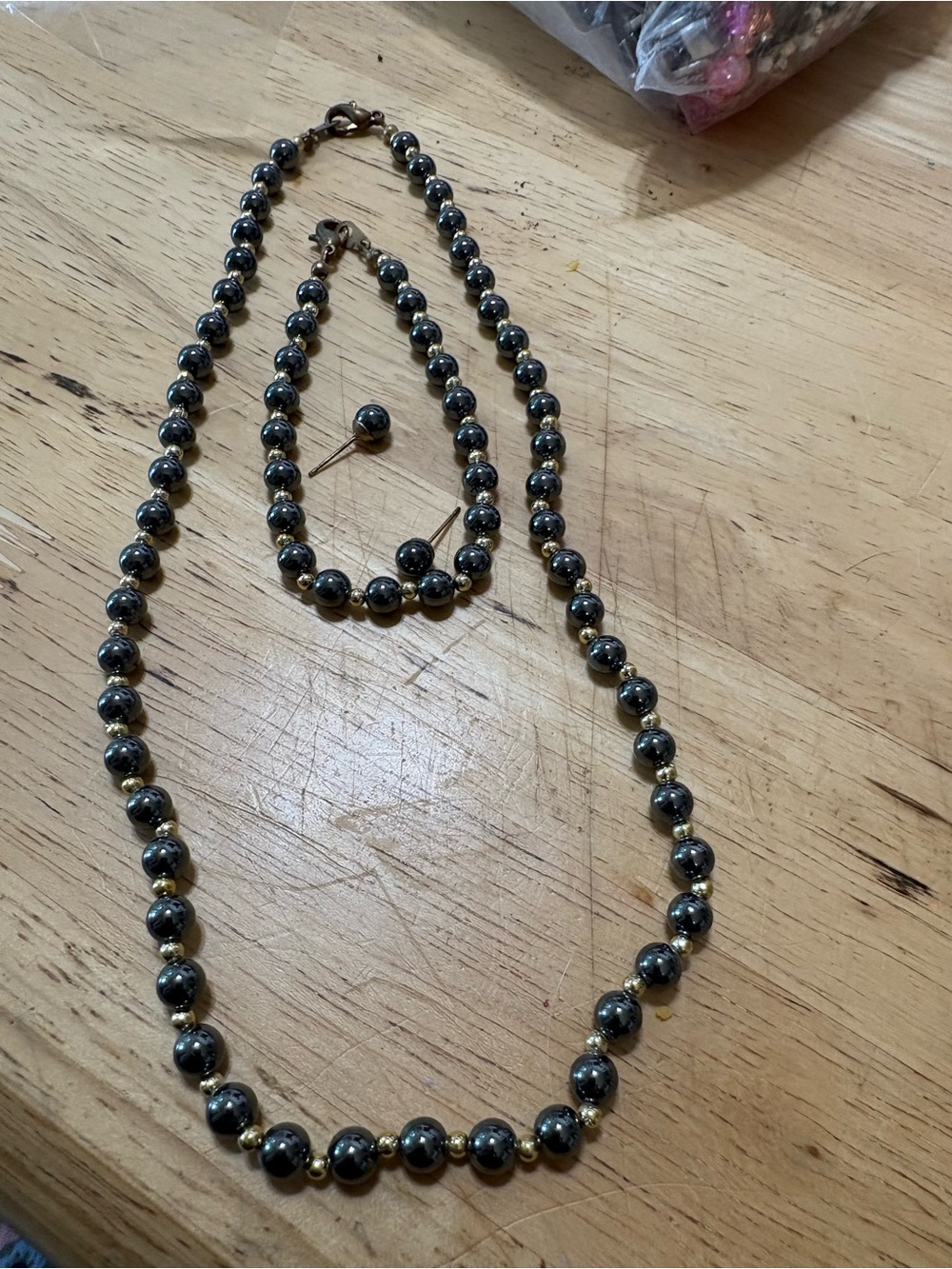 S200 Hematite Bead Necklace, Earrings and Bracelet Set with Gold Bead Accents